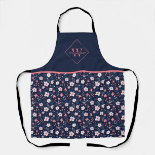 Tablier Monogramme floral rose bleu marine moderne