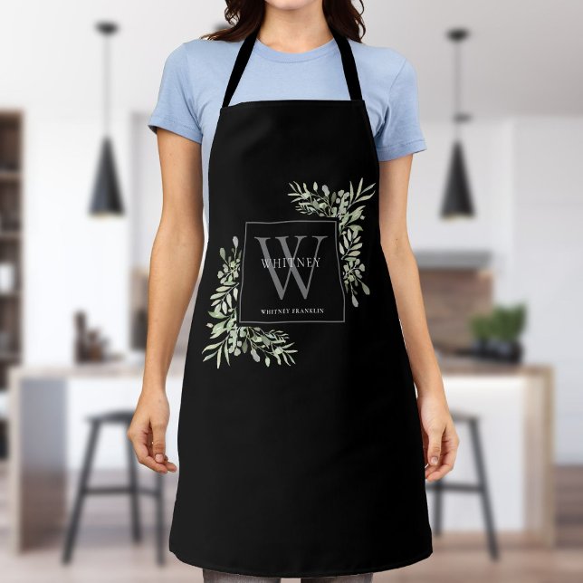Tablier Monogramme Gris Feuilles de Verdure Aquarelle Noir (Créateur téléchargé)