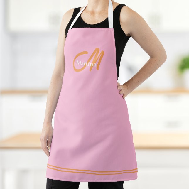 Tablier Monogramme Initial Moderne Rose Orange  (Easily personalize this apron with your name and initial.)