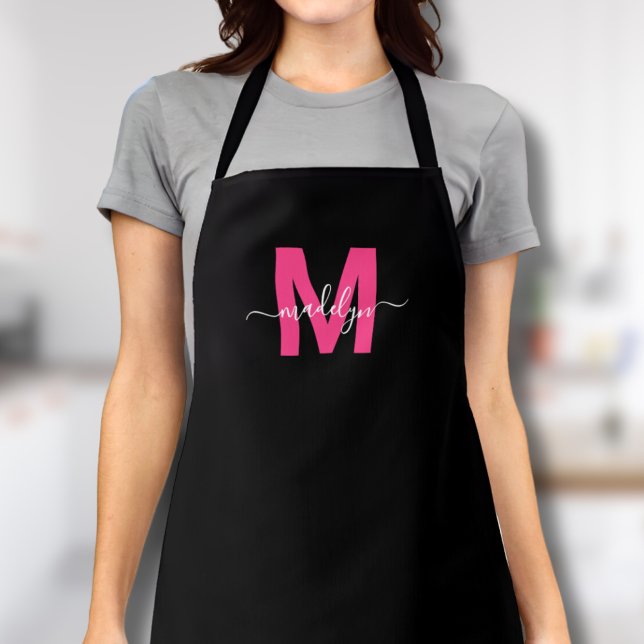 Tablier Monogramme Initial Nom Moderne Rose Noir (Modern Black Pink Monogram Initial Name Apron)