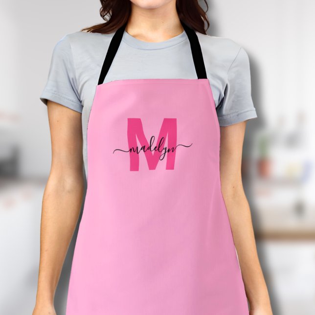 Tablier Monogramme Initial Nom Rose Féminin (Girly Pink Initial Name Monogram Apron)