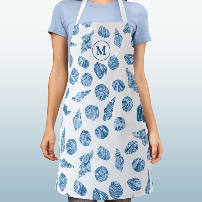 Tablier Monogramme Marin de Style Aquarelle aux Coquillage (sea shell watercolor pattern coastal nautical personalized monogram initial apron)