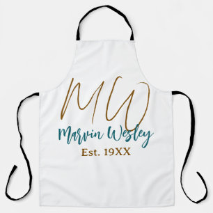 Tablier Monogramme marron bleu turquoise année simple mini