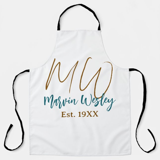 Tablier Monogramme marron bleu turquoise année simple mini (Recto)