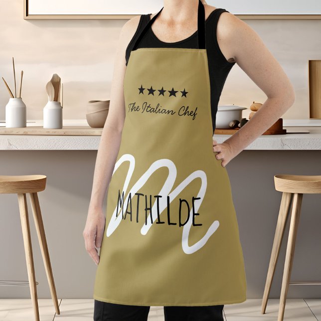Tablier Monogramme Moderne de Chef Noir Or Nom (Chef Monogram Gold Black Modern Typography Name Apron)