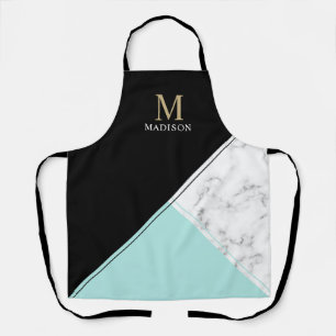Tablier monogramme moderne élégant en marbre noir turquois