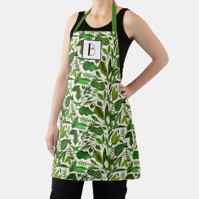 Tablier Monogramme Moderne Feuilles Vertes Botaniques (Insitu)