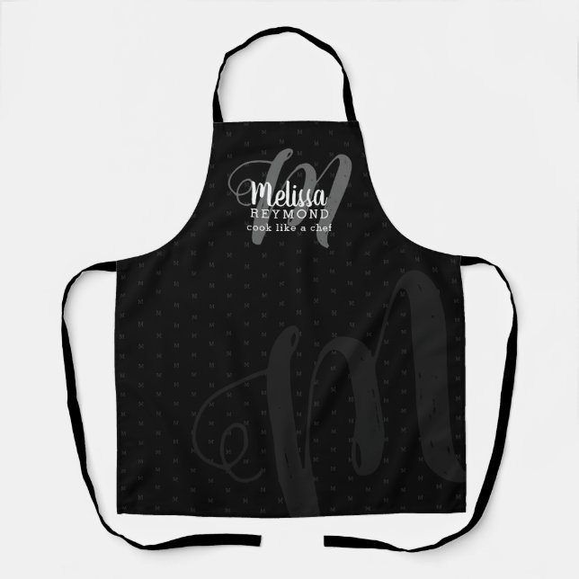 Tablier monogramme moderne pour la cuisine du chef noir (Recto)