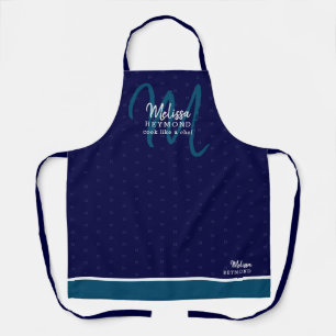 Tablier Monogramme moderne pour une cuisine chef bleu fonc