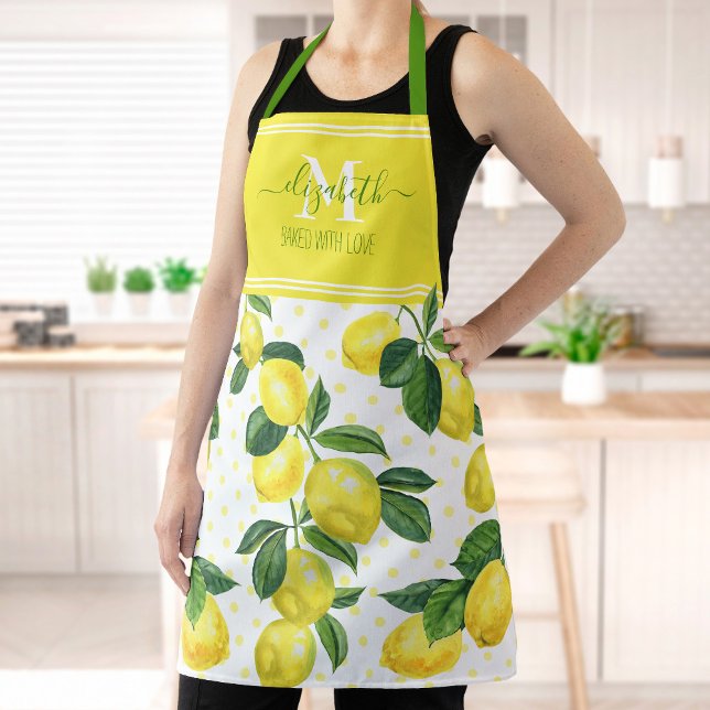 Tablier Monogramme moderne tendance citron aquarelle poka  (Créateur téléchargé)