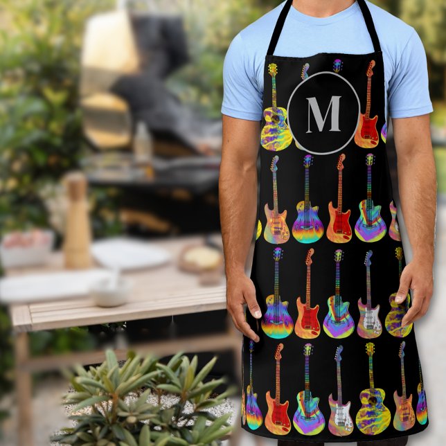 Tablier Monogramme Motif de guitare coloré (Modern Personalized colorful guitar art monogram apron for him psychedelic acoustic electric guitars)