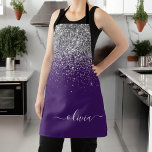 Tablier Monogramme Nom Paillettes Argent Violet Fille<br><div class="desc">Tabliers Monogramme Nom Métal Brossé Paillettes Violet et Argent. C'est le cadeau parfait pour un anniversaire sweet 16, un mariage, une douche de mariée, un anniversaire de mariage, une baby shower ou une soirée d'enterrement de vie de jeune fille pour quelqu'un qui aime le luxe glamour et les styles chics....</div>