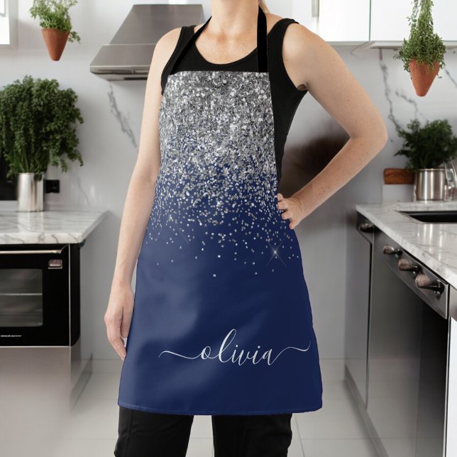 Tablier Monogramme Nom Paillettes Bleu Marine Argenté Fémi (Créateur téléchargé)