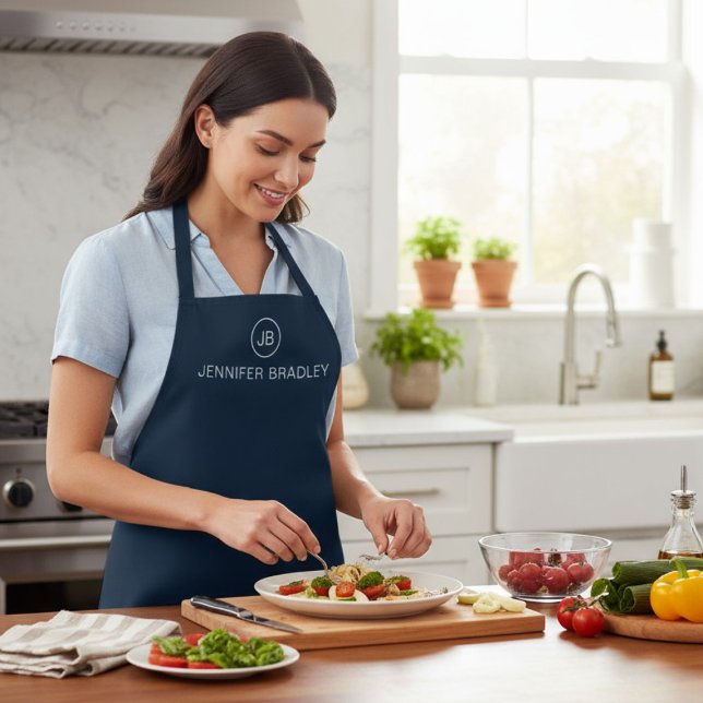 Tablier Monogramme Nom personnalisé Bleu et blanc (Créateur téléchargé)