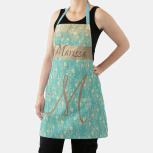 Tablier Monogramme or Floral sur Turquoise vert
