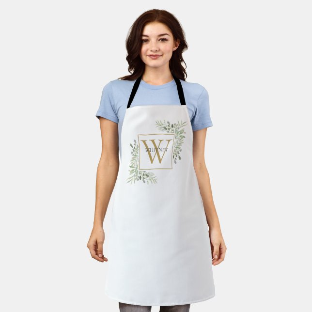 Tablier Monogramme Or moderne Vert Floral Elégant Apron (Porté)