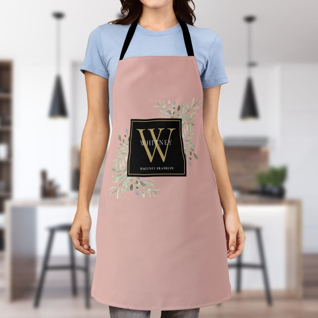 Tablier Monogramme Or Rose Pâle Aquarelle Vert Foncé Or No (Blush Pink Watercolor Greenery Black Gold Monogram Apron)