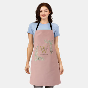 Tablier Monogramme Or Rose Pâle Feuillage Aquarelle Noir O