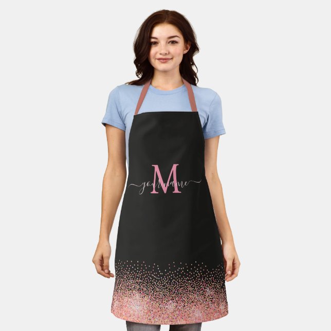 Tablier Monogramme Paillettes de strass or rose et prénom  (Porté)
