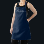 Tablier Monogramme personnalisé de nom de script personnal<br><div class="desc">Tablier de cuisine personnalisé avec texte de nom de script moderne bleu marine foncé, couleur unie simple, élégant, chic, bleu marine foncé et blanc. Personnalisez-le avec un nom, une citation, une phrase ou un texte. Idéal pour les cuisiniers, les chefs, la poterie, la céramique, l'artisanat, le travail, la cuisine, la...</div>