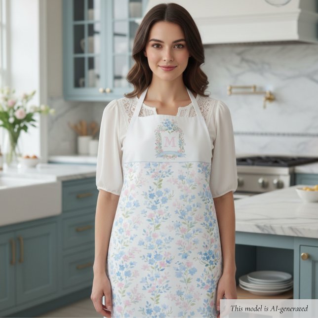 Tablier Monogramme personnalisé floral pastel (elegant preppy grandmillennial pink blue floral pattern apron with family crest and custom initial )