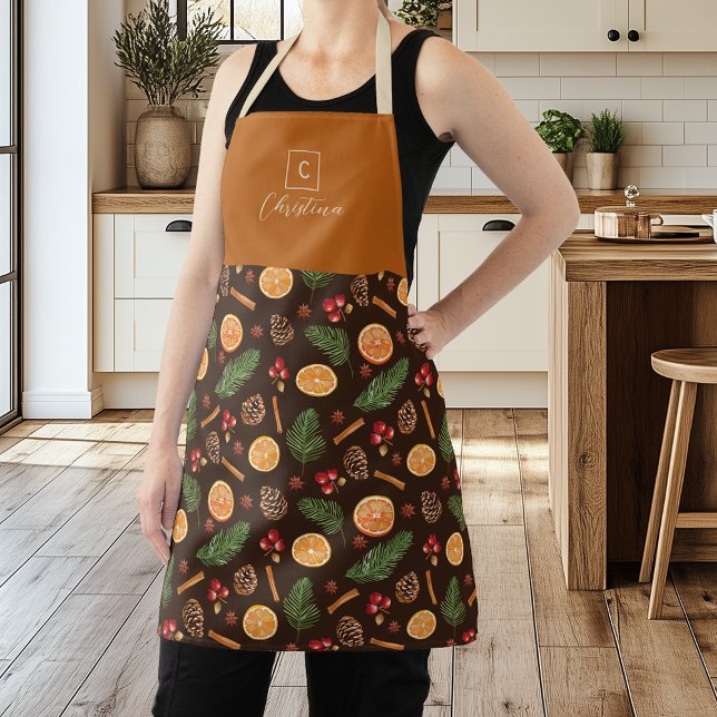 Tablier Monogramme personnalisé Noël botanique rustique (Créateur téléchargé)