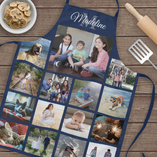 Tablier Monogramme Photo Collage Grille Motif Marine Bleu