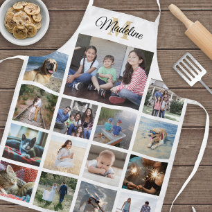 Tablier Monogramme Photo Collage Grille Motif Or Blanc