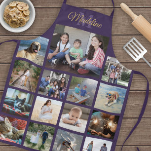 Tablier Monogramme Photo Collage Grille Motif Purple Gold