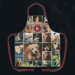 Tablier Monogramme photo Empreinte de patte de Bourgogne<br><div class="desc">Espace photo monogramme avec un montage photo avec vingt photos d'animaux de compagnie. Ajoutez votre initiale en blanc contre un carré bordeaux dans un cadre orné de empreintes de pattes blancs.</div>