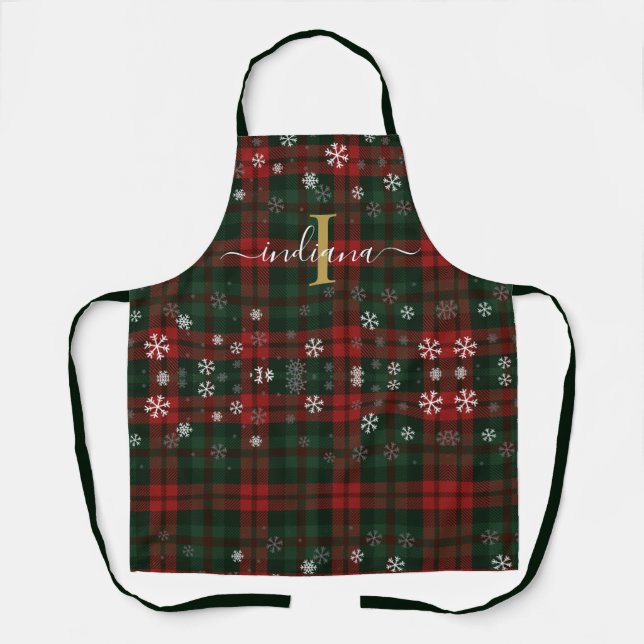 Tablier Monogramme plaid Snowflakes Tartan Custom (Recto)