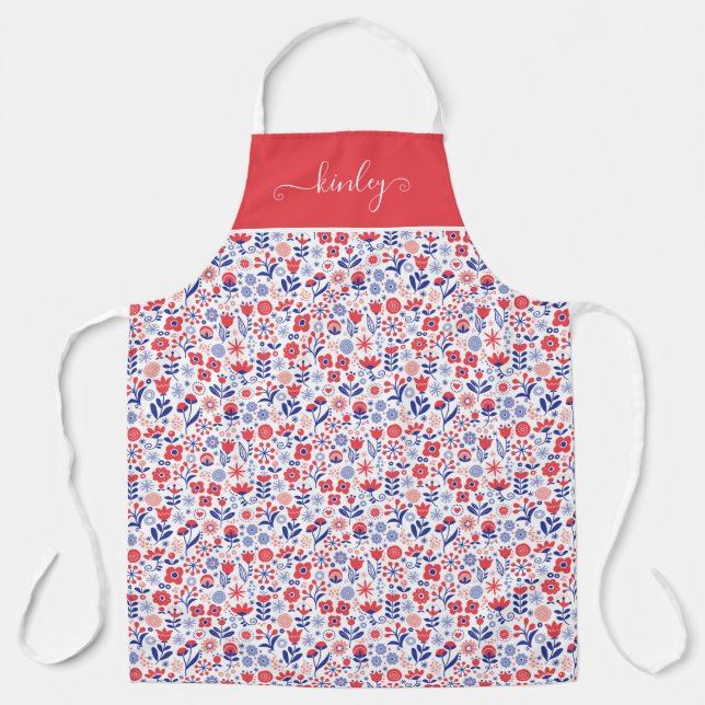 Tablier Monogramme| Plan floral bleu et corail (Recto)