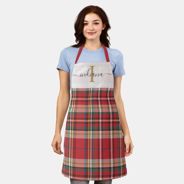 Tablier Monogramme plaqué rouge vert Script rustique (Porté)