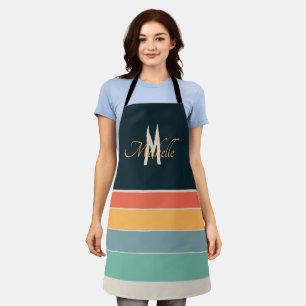 Tablier Monogramme Rétro 70 Navy Blue Moutarde Rayé Nom