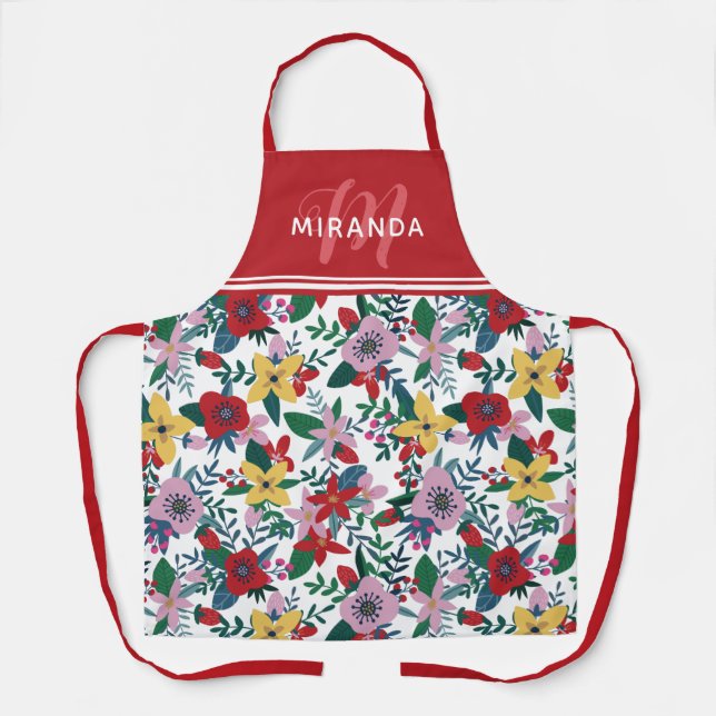 Tablier Monogramme rétro rouge jaune rose floral (Recto)