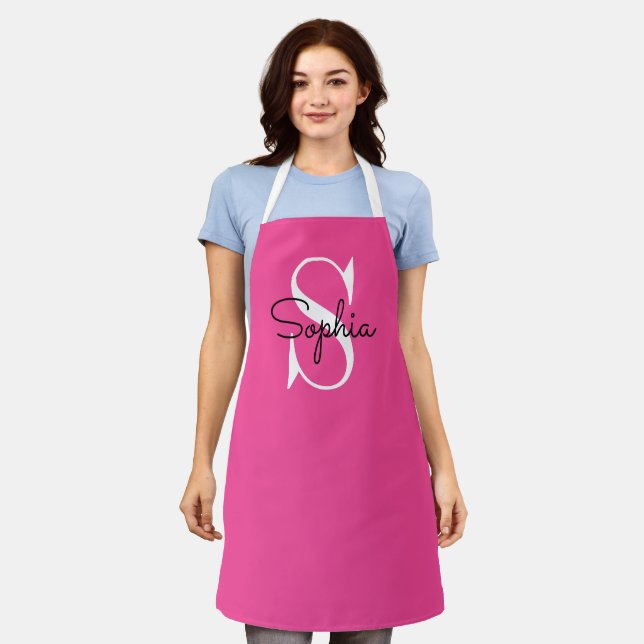 Tablier Monogramme rose moderne Nom personnalisé Apron (Porté)