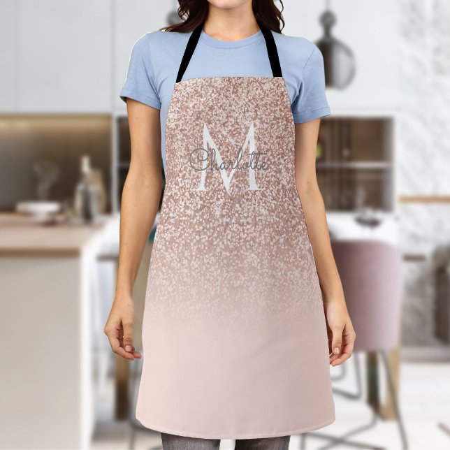 Tablier Monogramme Rose Parties scintillant or Blush Pink  (Monogram Rose Gold Glitter Blush Pink Girly Script Apron)