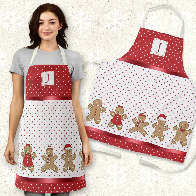 Tablier Monogramme Rouge et blanc Polka Dot Gingerbread Xm (Créateur téléchargé)