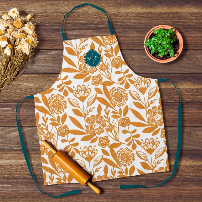 Tablier Monogramme Style Pays Bold Motif Floral Jaune (Monogram Country Style Bold FloralPattern Yellow Apron)