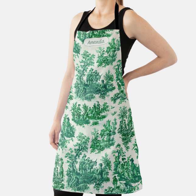 Tablier monogramme vintage fleuri vert toile jouy (Insitu)