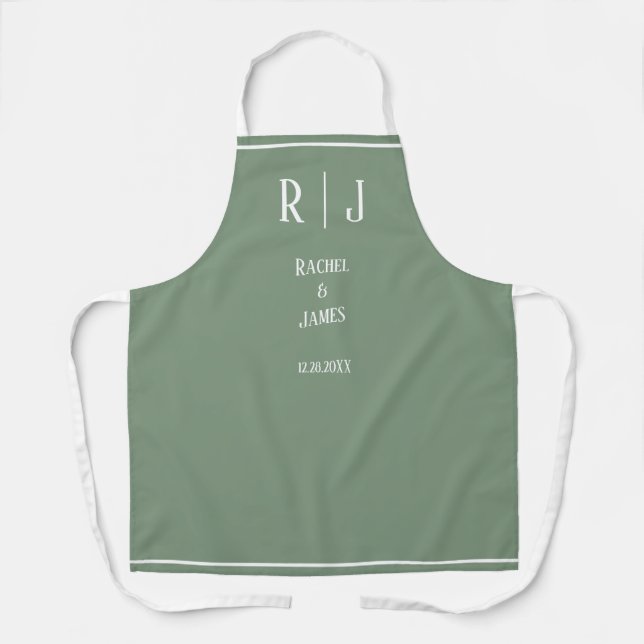Tablier Monogrammes Vert Sauge Mariage Simple Élégant Tend (Recto)