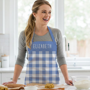 Tablier Motif à carreaux gingham bleu barbeau personnalisé