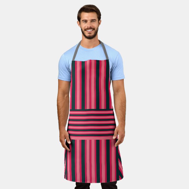 Tablier Motif à rayures Chevron noir fuchsia (Porté)