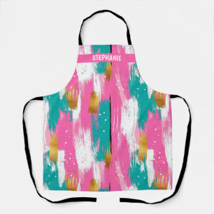 Tablier Motif Abstrait Pinceau Rose Menthe Or