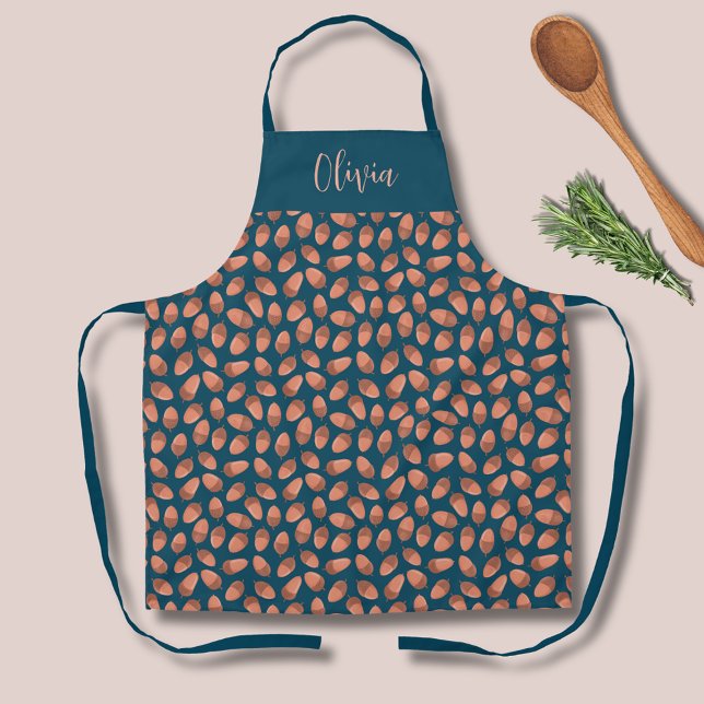 Tablier Motif Acorn bleu (Fall autumn acorn pattern kitchen apron.  Personalize with your own name or text.)