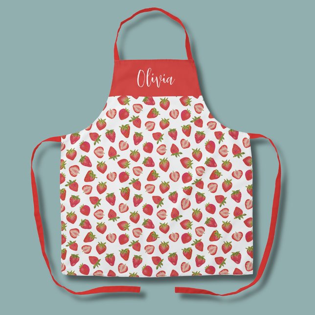 Tablier Motif amusant de fraise (Strawberry pattern personalized name apron.  Matching kitchen and homeware range available.)