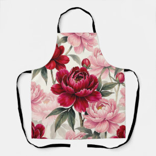 Tablier Motif aquarelle floral de pivoine rouge foncé et r