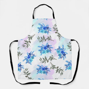Tablier motif avec bouquet bleu de fleurs et feuille
