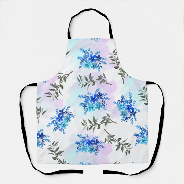 Tablier motif avec bouquet bleu de fleurs et feuille (Recto)