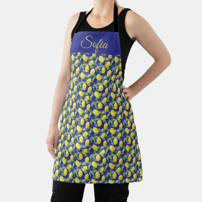 Tablier Motif bleu aquarelle jaune citron rustique (Insitu)